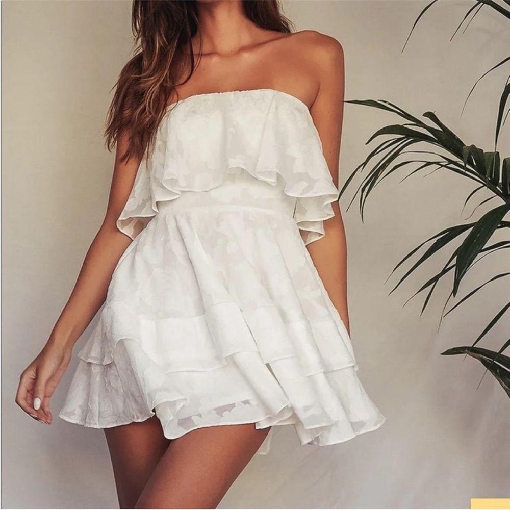 Lulu's True Lover White Strapless Ruffled Mini Dress Floral Bridal Cottagecore